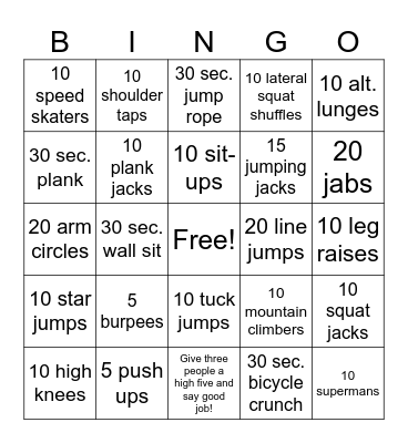 Fitness Bingo Card