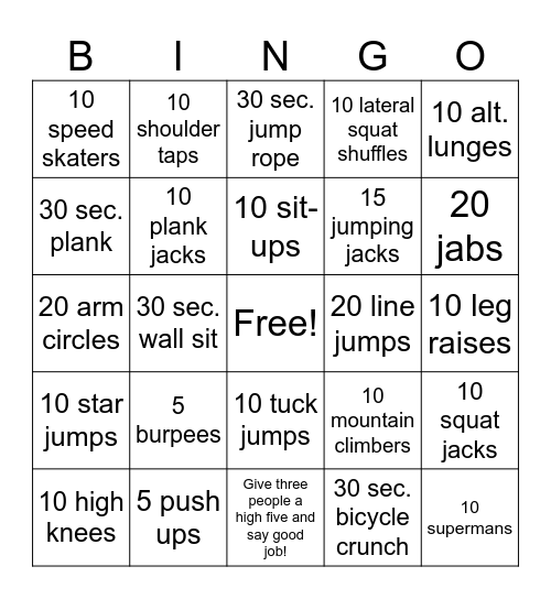 Fitness Bingo Card