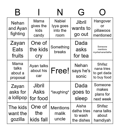 Nifazla Bingo Card