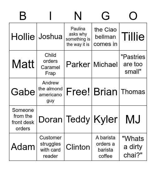 Coffee Shop Bingo Card