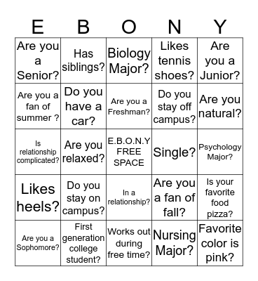 E . B . O . N . Y  Bingo Card