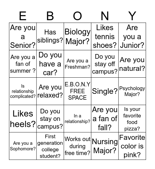 E . B . O . N . Y  Bingo Card