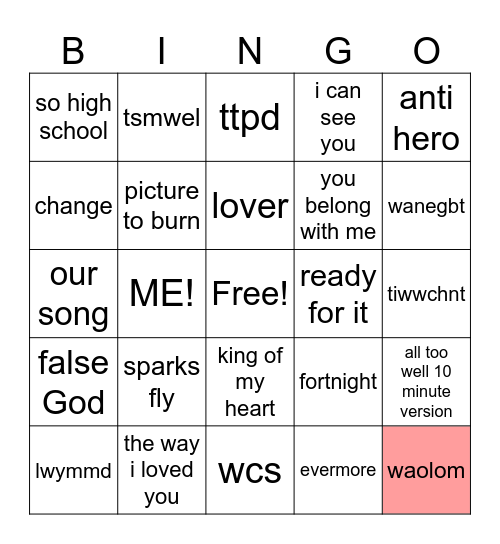 Swiftie Bingo Card