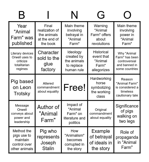 Animal Farm Bingo Card