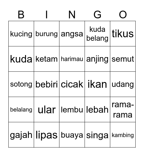 Bingo Bahasa Melayu (Haiwan & Serangga) Bingo Card