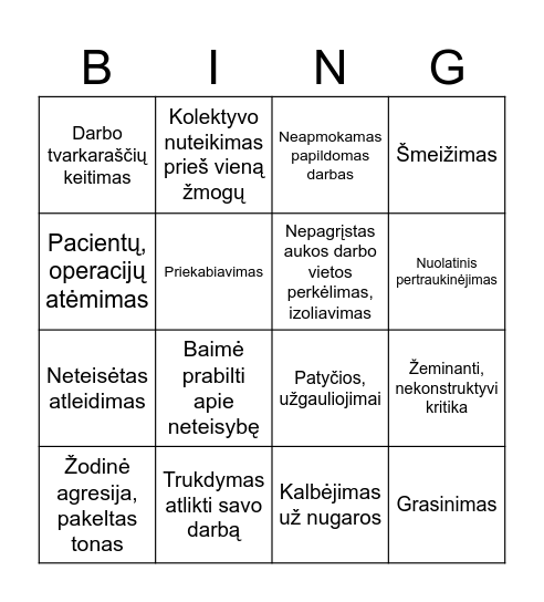 Mobingas sveikatos priežiūros sistemoje Bingo Card