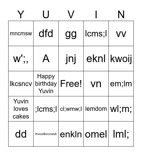 Yuvin's 2nd Birthday Bingo Card