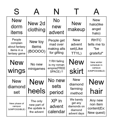 Royale High Holiday Bingo Card