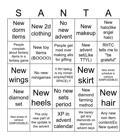 Royale High Holiday Bingo Card