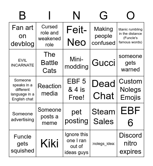 Epic Battle Fantasy Discord Server Bingo Card