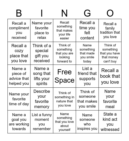 Gratitude Bingo Card