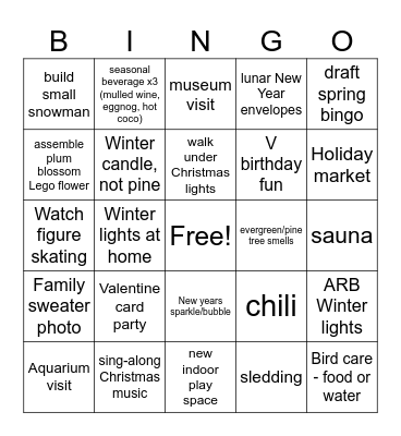 Winter activity bingo, Dec1-Feb28 '25 Bingo Card
