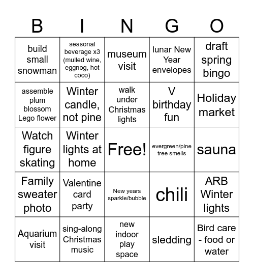 Winter activity bingo, Dec1-Feb28 '25 Bingo Card