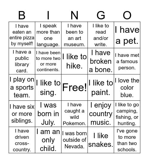 Classmate Scavenger Hunt Bingo Card