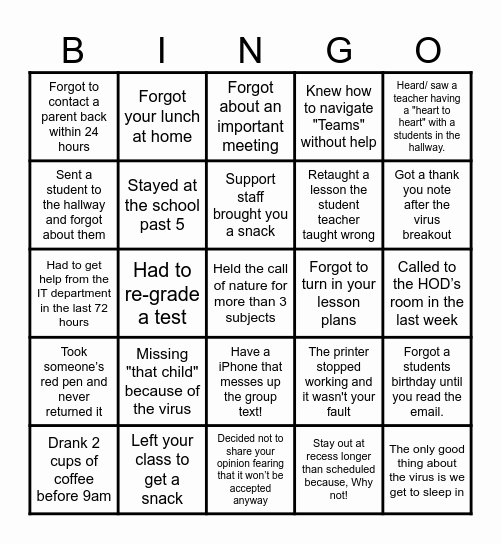 NVBS Teachers Bingo Card