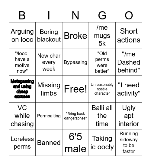 Gangrper Bingo Card