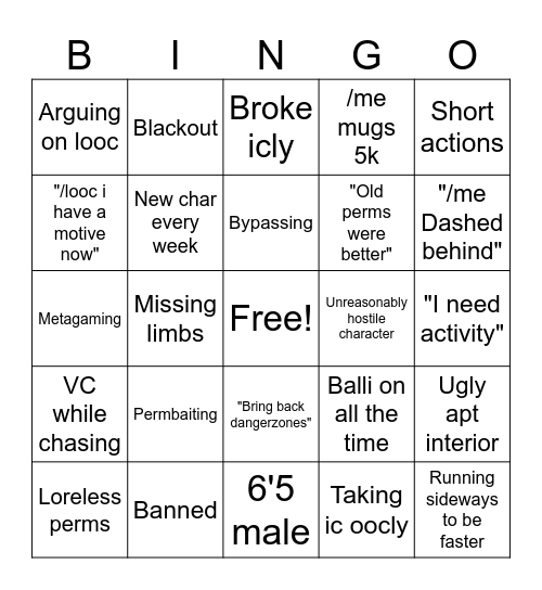 Gangrper Bingo Card