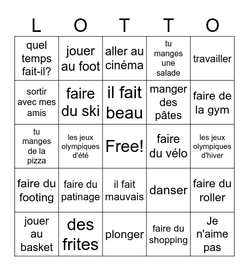 T'es branché unité 2 Level 1 lesson A Bingo Card