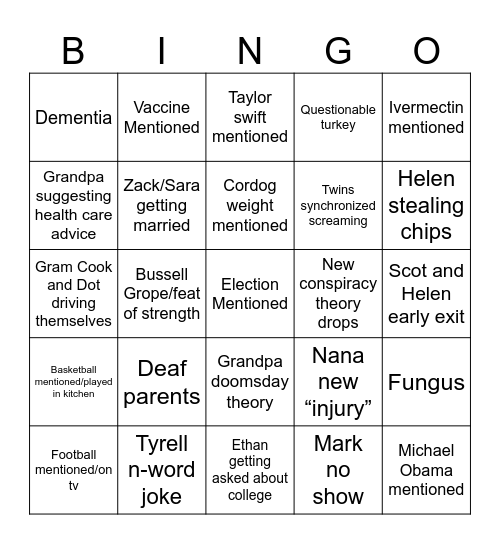 Thanksgiving 2024 (Bussell’s Version) Bingo Card