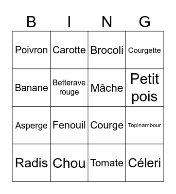 Bingo des fruits et légumes Bingo Card