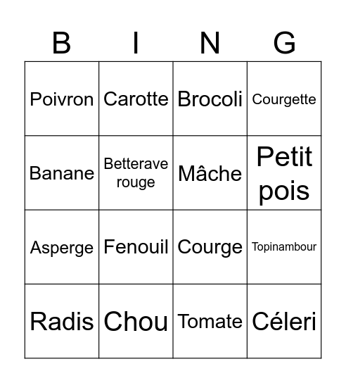 Bingo des fruits et légumes Bingo Card