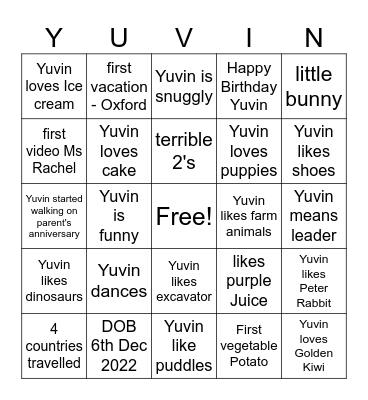 Yuvin's 2nd Birthday BINGO Card