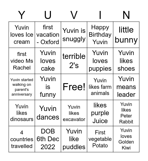 Yuvin's 2nd Birthday BINGO Card