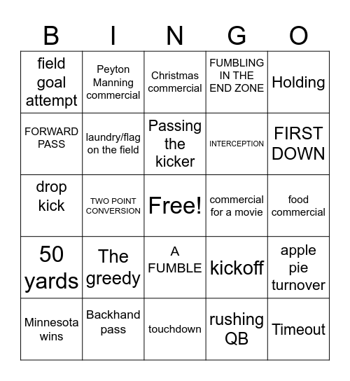 NFL Minnesota game Bingo Card