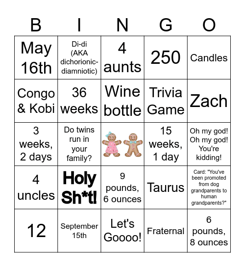 Gender Reveal Bingo Card