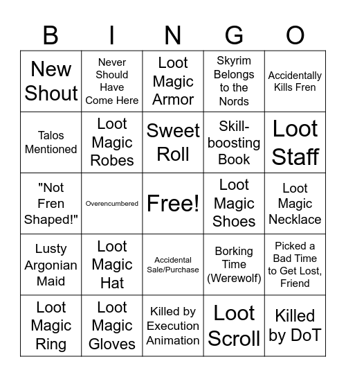 Basic Skyrim Bingo Card