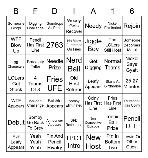 BFDIA 16 Bingo Card