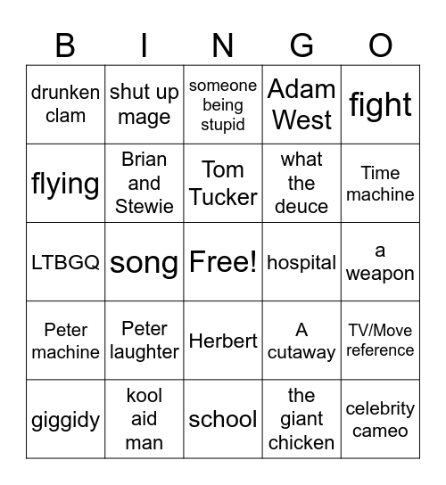 Family Guy Bingo Card