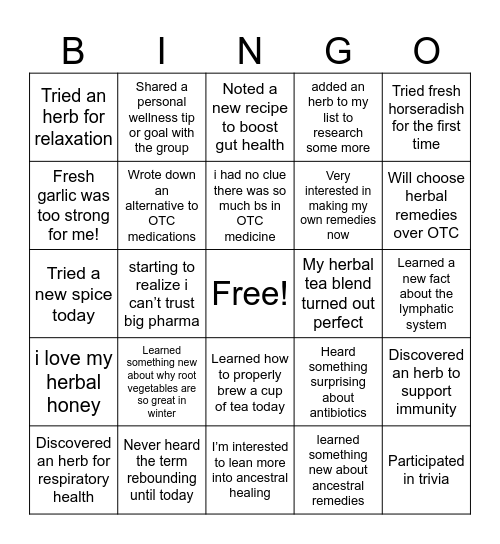 Tyler’s Winter Wellness Workshop Bingo Card