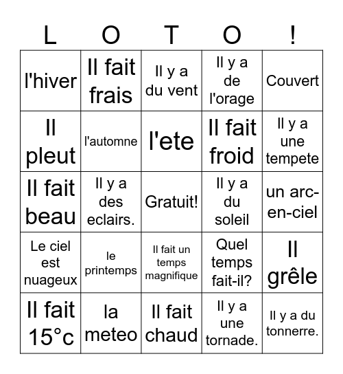 La Météo Bingo Card