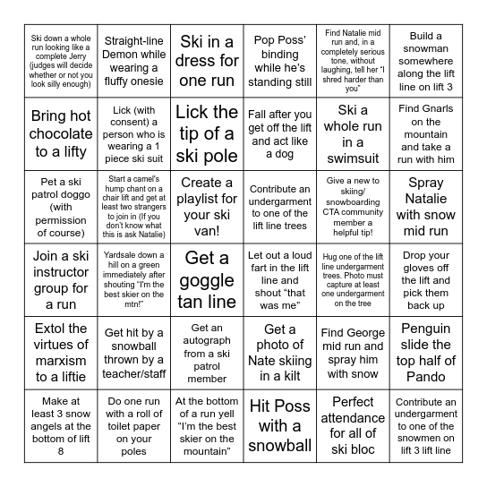 Ski Bingo Card