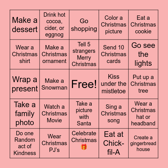 Advent Family Activity Calendar Bingo Card