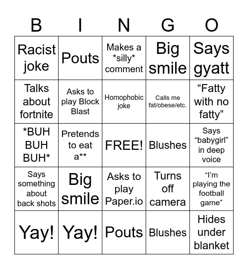 FaceTime Bingo Card