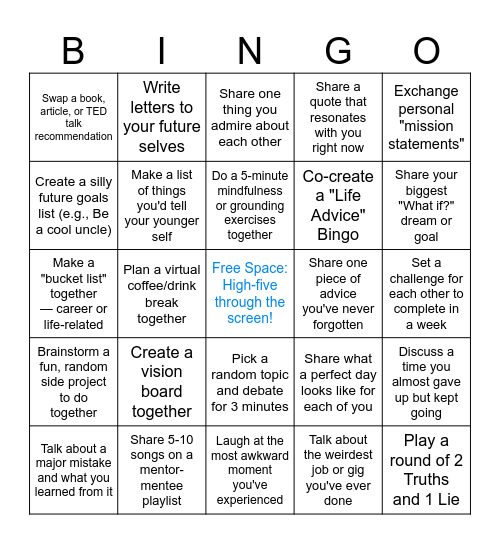 Mentor-Mentee BINGO Card