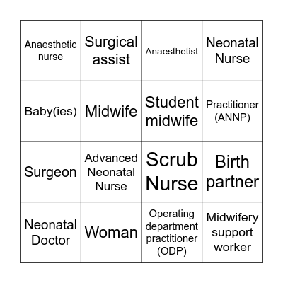 Theatre staff Bingo Card