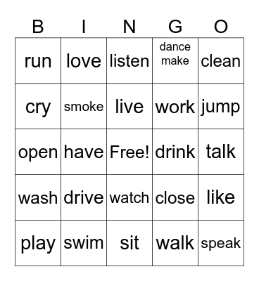 Verbs Bingo Card