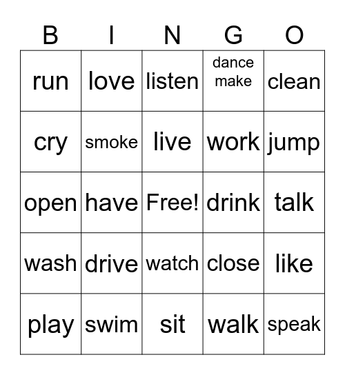 Verbs Bingo Card