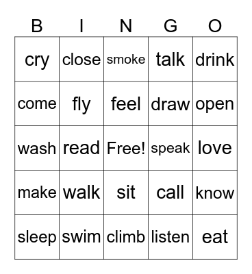 Verbs Bingo Card