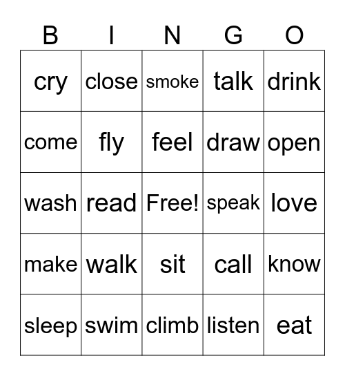 Verbs Bingo Card