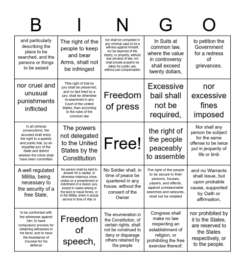 Bill of Rights Bingo Card