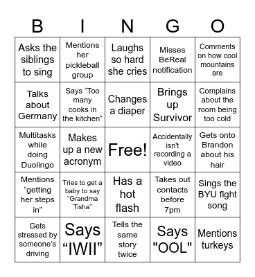 Mom Bingo Card