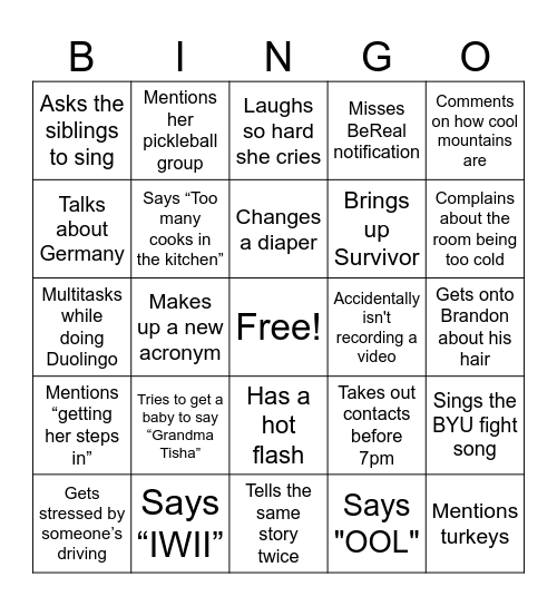 Mom Bingo Card