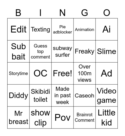 Brainrot bingo Card