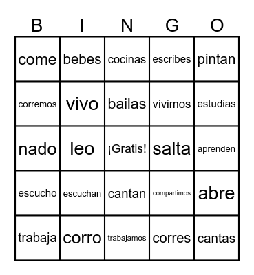 AR/ER/IR Verbs Bingo Card