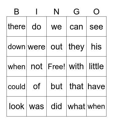 Sight Words Bingo Card
