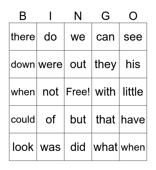 Sight Words Bingo Card